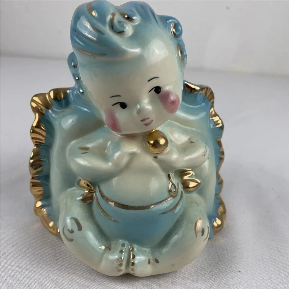 Vintage Hull Pottery Blue Baby Boy Planter #92 USA Gold tri